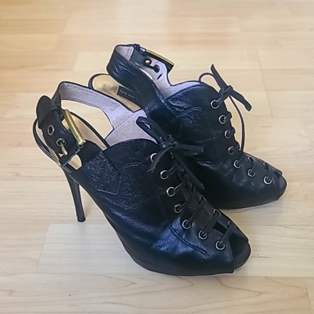 Steven by Steve Madden Sexy Black Leather Open Toe High Heels Slingback Size 5.5